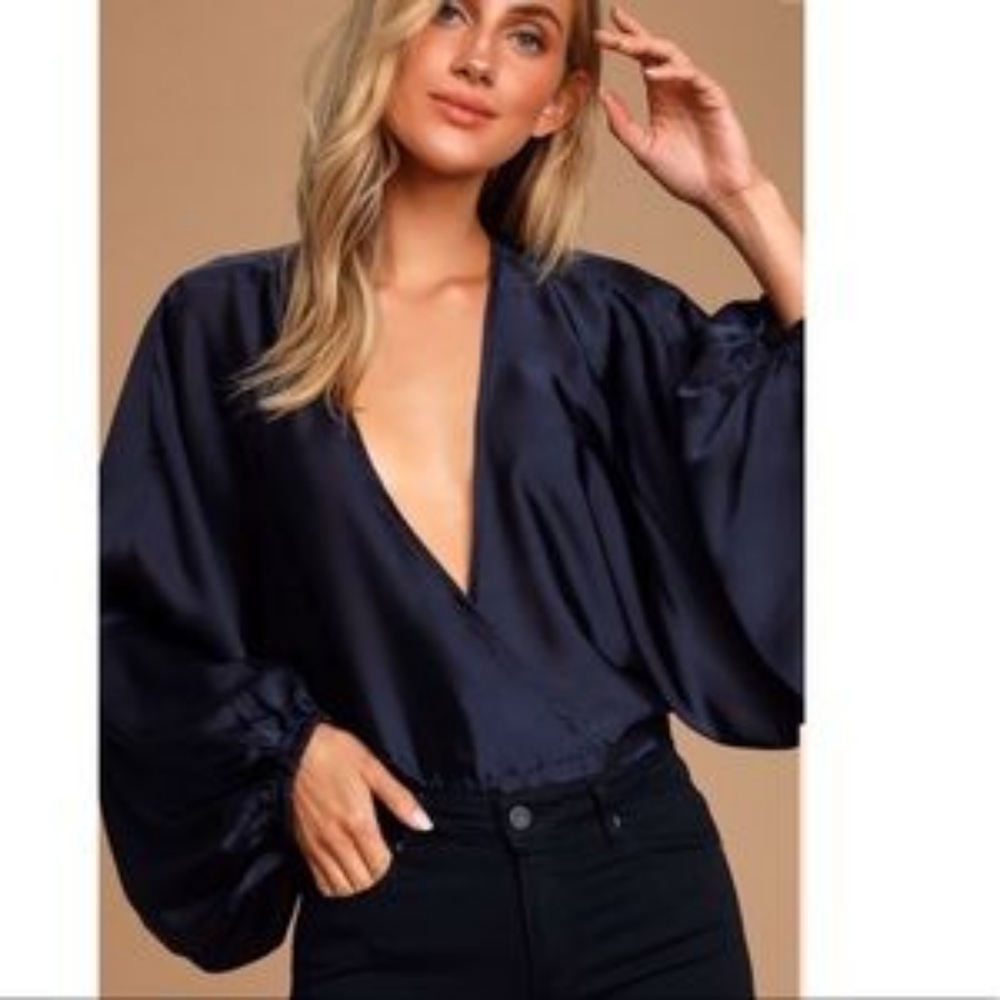 Free People Midnight Blue Satin V-Neck Crop Top